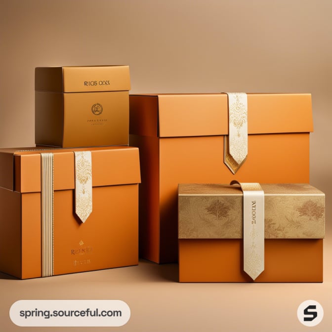 Assorted brown luxury gift boxes with elegant ribbon details against a beige background.