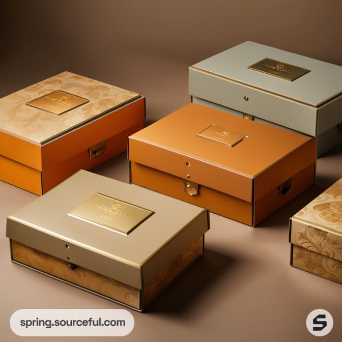 Assorted luxury gift boxes in beige, orange, and blue with gold accents on a brown surface.