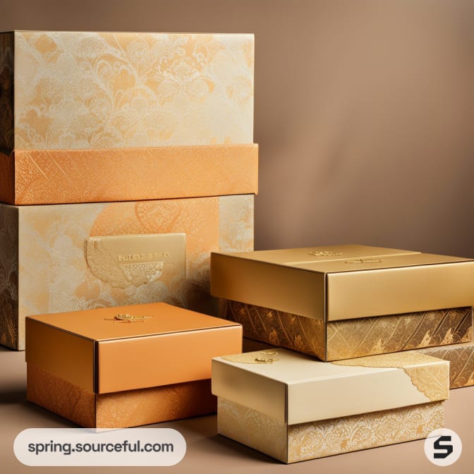 Assorted luxury gift boxes in gold and orange tones with textured designs, stacked against a brown background.