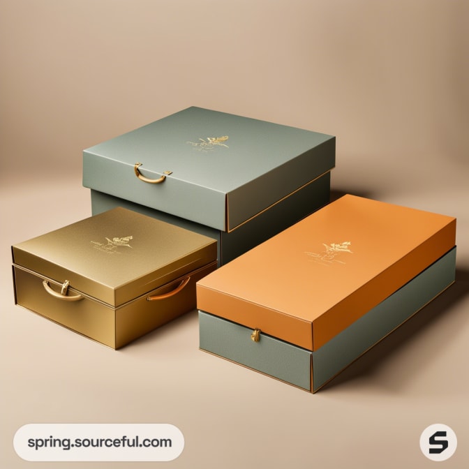 Three elegant boxes in green, gold, and orange with handles and embossed design on a beige background.