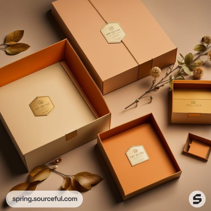 Nested brown and orange boxes with golden accents, surrounded by dried leaves on a brown background.