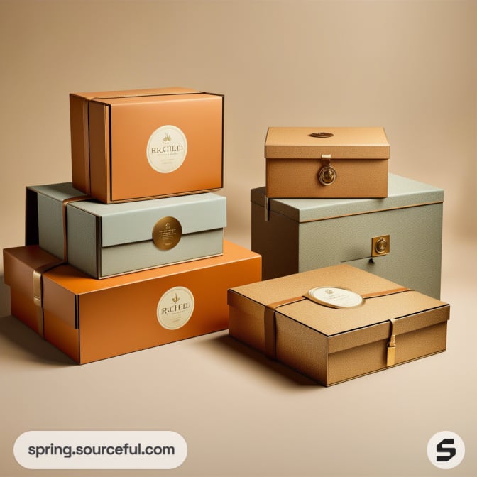 Stack of elegant gift boxes in brown, orange, and blue shades with logos and seals, on a neutral background.