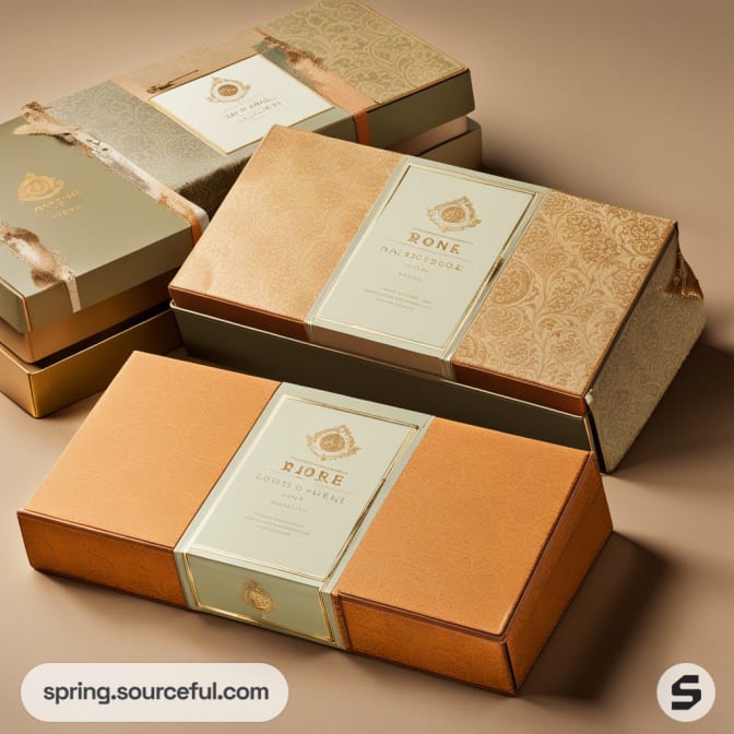 Three elegant cardboard gift boxes in earth tones with intricate patterns and a central label, set on a beige surface.