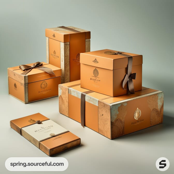 Stack of luxury orange and cream gift boxes with brown ribbons against a neutral background.