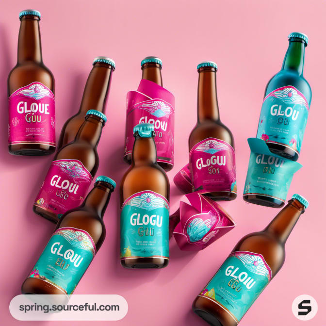 Colorful beer bottles with pink and teal labels on a pink background.