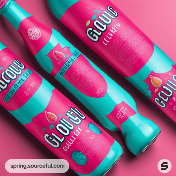 Close-up of teal and pink beverage bottles on a pink background.