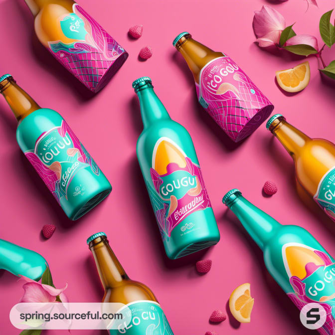 Assorted colorful bottles on a pink background with flower and fruit accents.