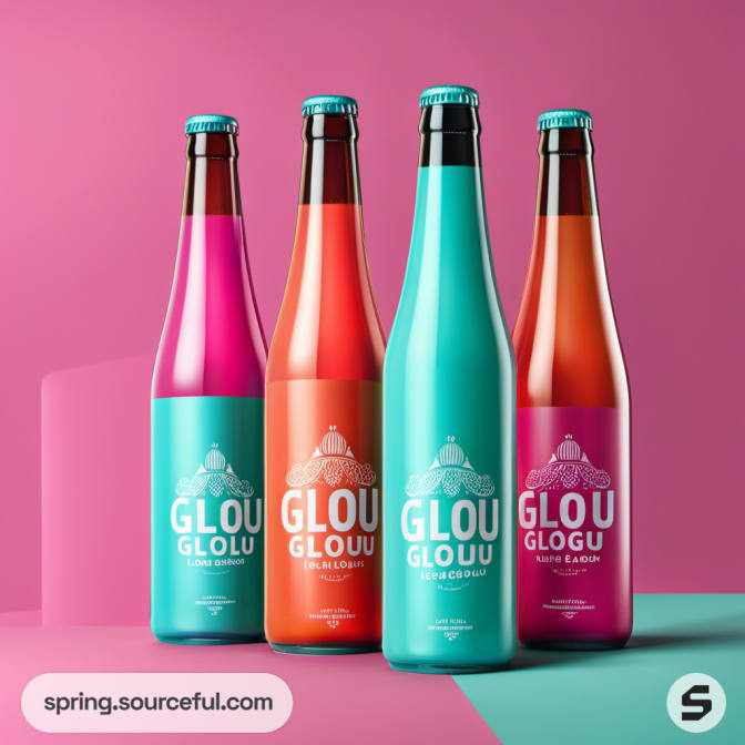 Four colorful beer bottles in pink and teal on a pink background.