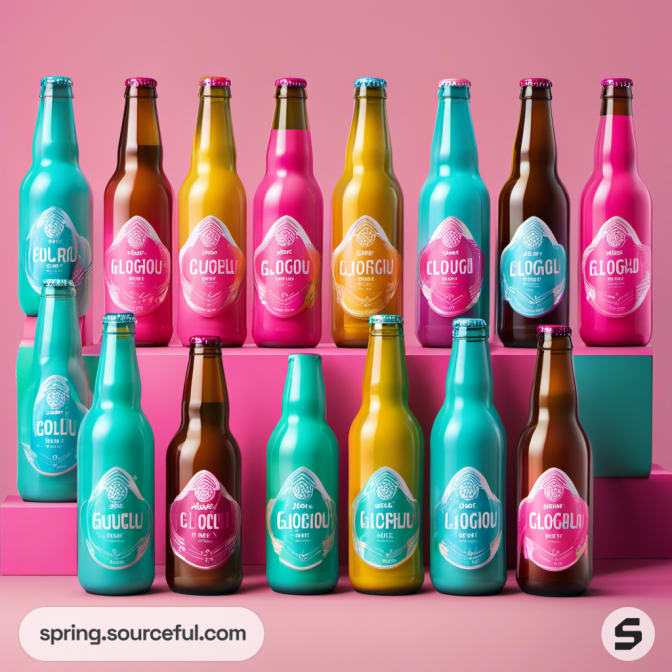 Rows of colorful beer bottles in pink and teal hues on a pink backdrop.