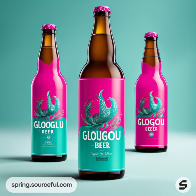Pink and teal beer bottles with a bird design on a teal background.