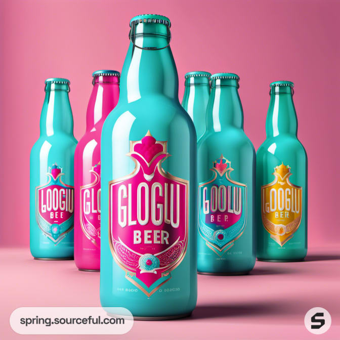 Teal and pink beer bottles with colorful embossed designs.