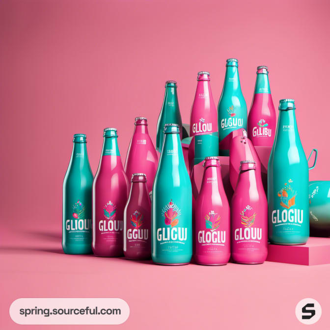 Assorted pink and teal beer bottles in a decorative arrangement.