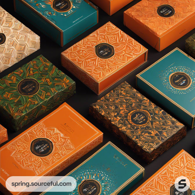 Assorted colorful gift boxes with intricate patterns on black background.
