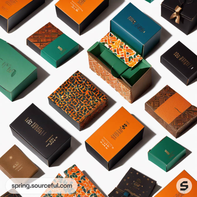 Diverse arrangement of decorative boxes in orange, teal, green, and black.