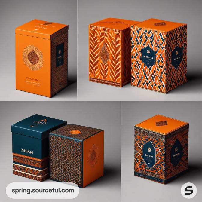 Two ornate orange and blue patterned boxes on gray surfaces.