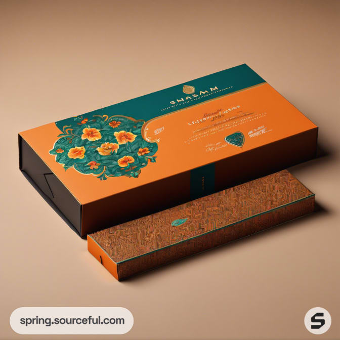 Open gift box featuring floral and geometric orange design.