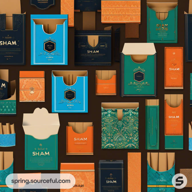 Various teal and orange patterned boxes neatly arranged.
