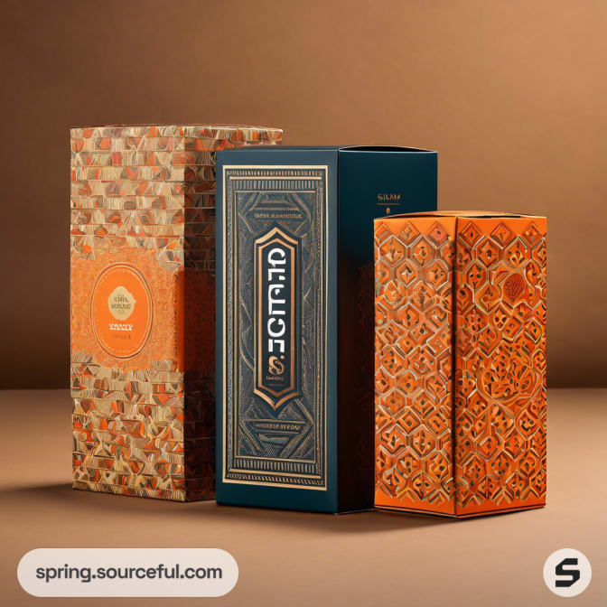 Tall rectangular boxes with traditional motifs on brown background.