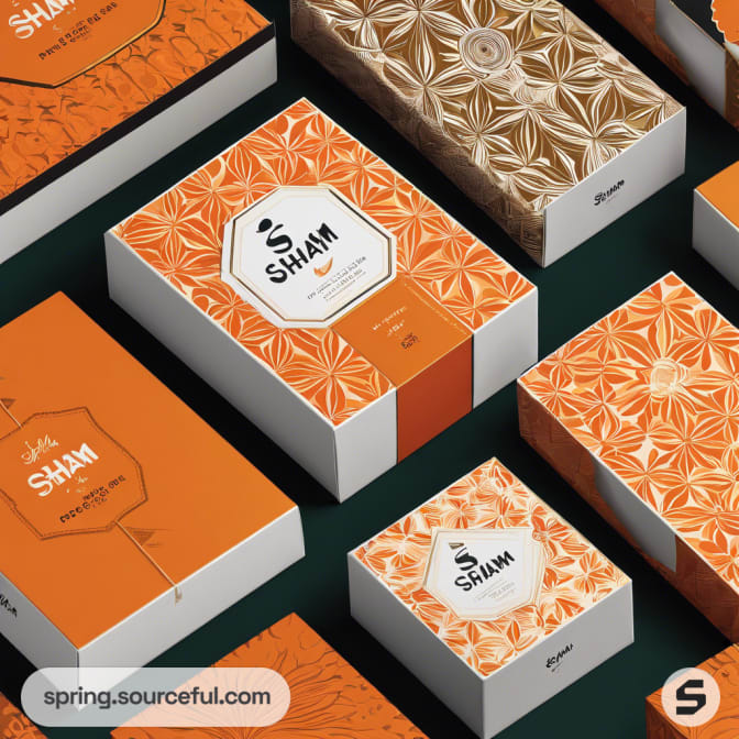 Assorted orange and white boxes with floral and geometric designs.