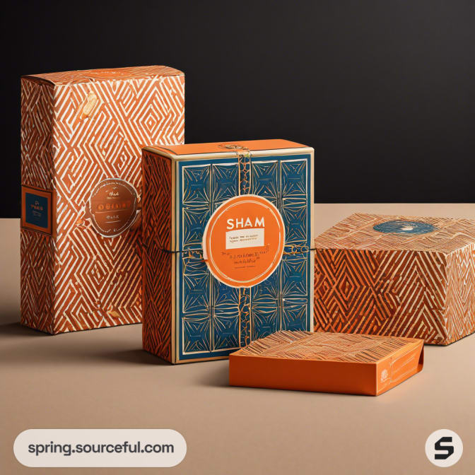 Elegant boxes with intricate blue and orange patterns.