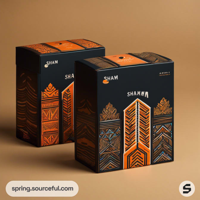 Pair of dark decorative boxes with ethnic motifs and orange detailing.