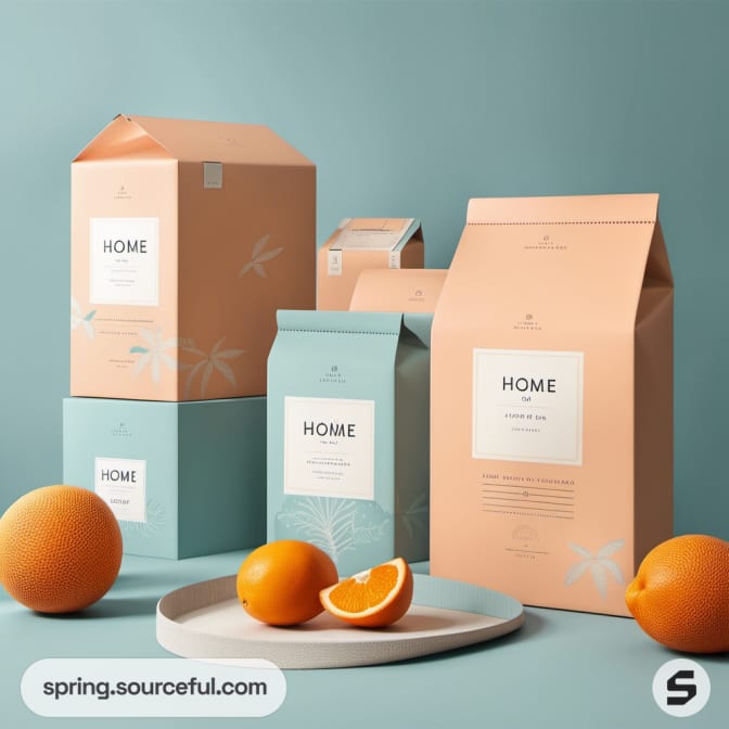 Assorted home products in pastel orange and blue packaging with oranges on a plate.