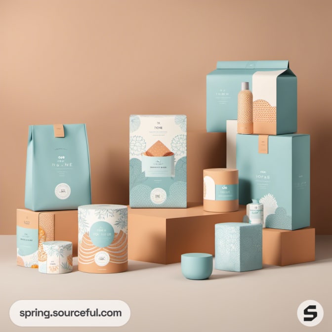 Various home products in pastel packaging arranged on a brown surface.