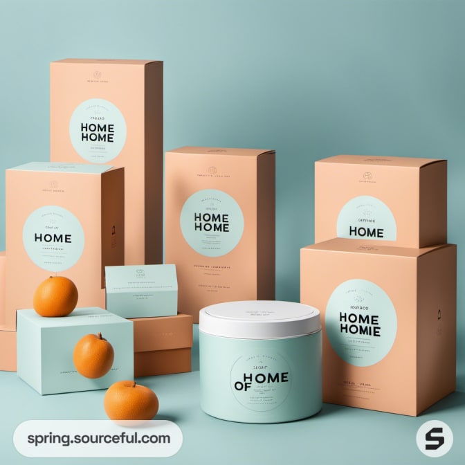 Home product packaging in pastel colors with oranges in the background.