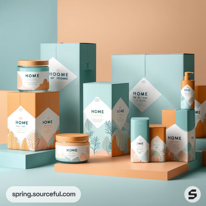 Assorted pastel packaging for home products with geometric patterns.