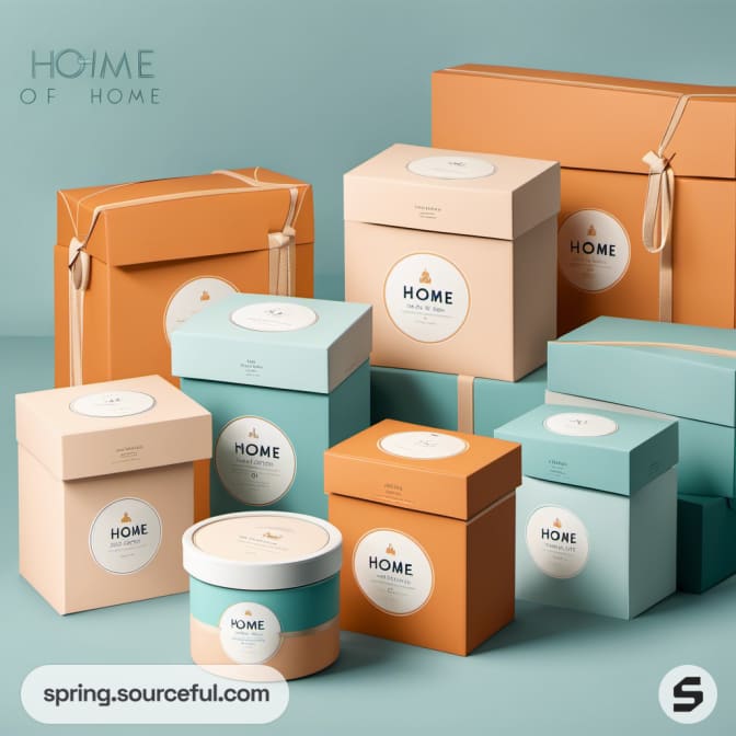 Gift boxes in pastel tones for home products, neatly arranged.