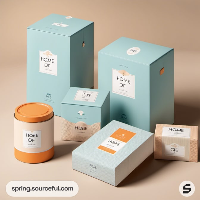 Pastel-colored packaging for home products with simple graphics.