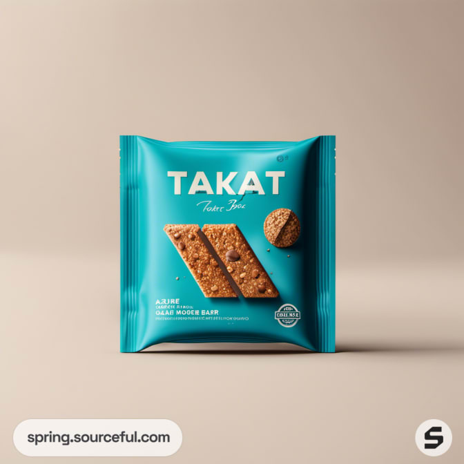 Turquoise snack pouch with cookies depicted on a beige background.