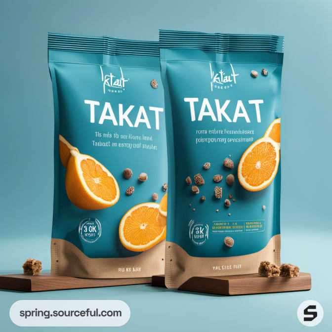 Two vertical orange and turquoise pouches with orange slices and snacks.