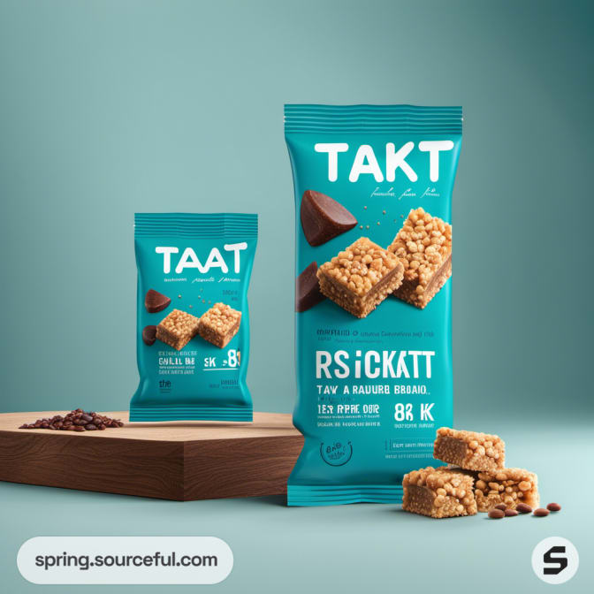 Turquoise snack pouch with chocolate and rice bars on a wooden surface.