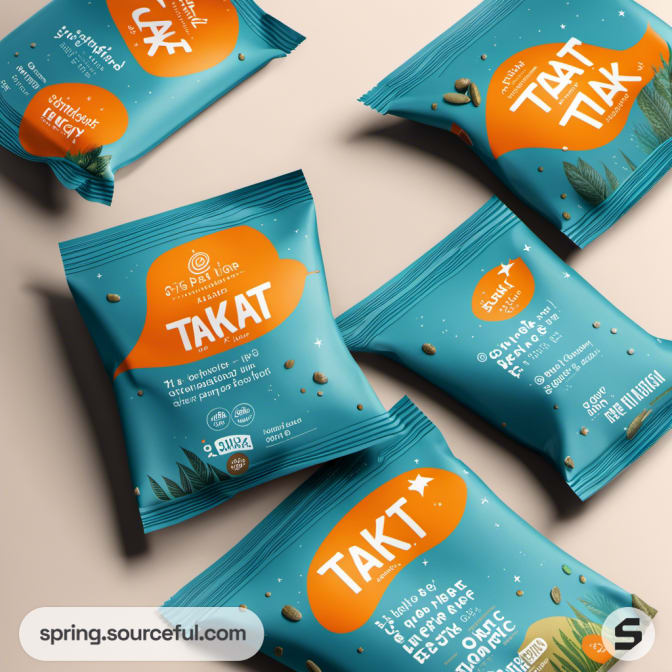 Array of turquoise snack pouches scattered on a beige surface.