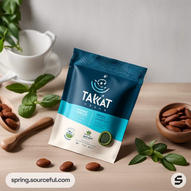 Green and cream pouch with leaves and almonds on a wooden table.