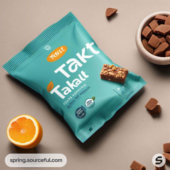 Teal snack pouch with orange and chocolate pieces on a beige surface.