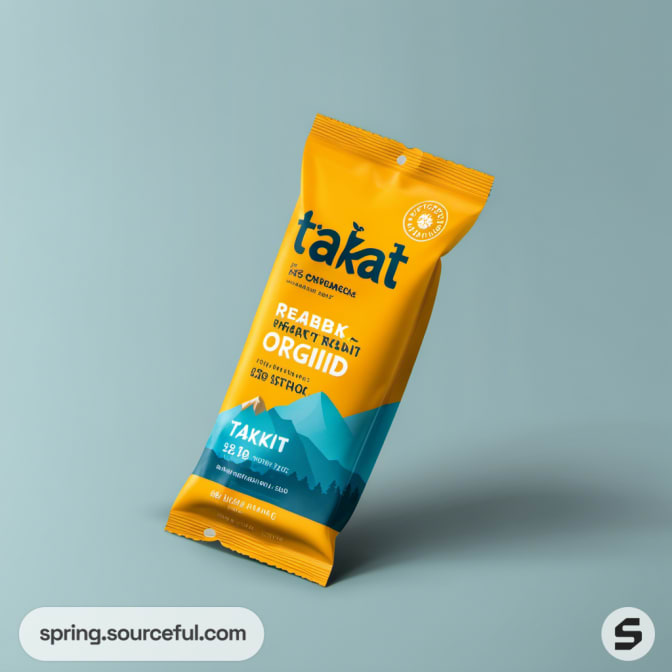 Yellow snack pouch with mountainous design on a light blue background.