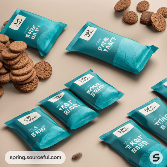 Array of turquoise snack pouches with cookies on a beige surface.