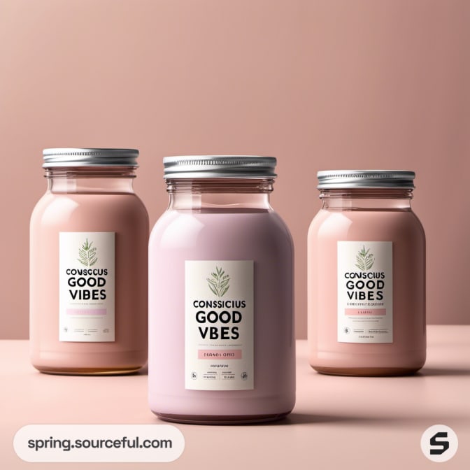 Three glass jars with pink beverages and metal lids on a pastel pink background.