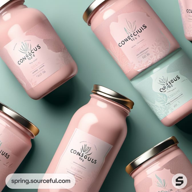 Glass jars with pink and green labels, metallic lids, scattered on a beige background.