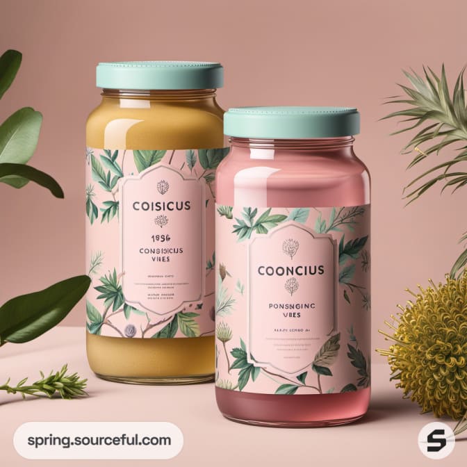 Two jars, one pink, one yellow, with green leaves, on a beige background.