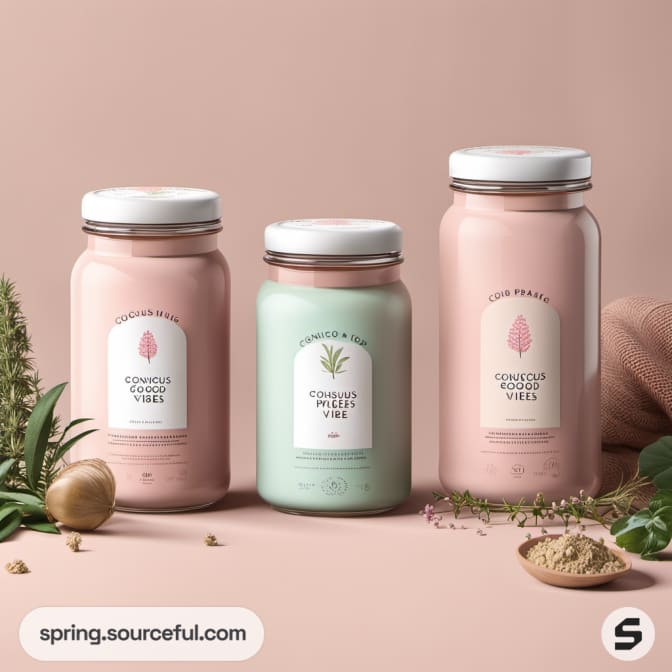 Three jars in pink and green with white lids, surrounded by herbs.