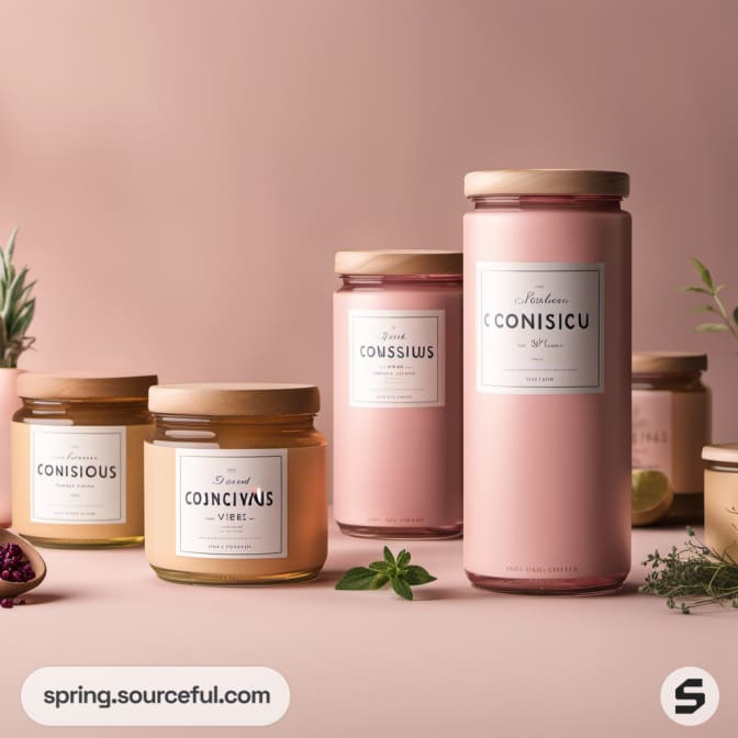 Various jars in pink and gold tones, surrounded by herbs and fruits.