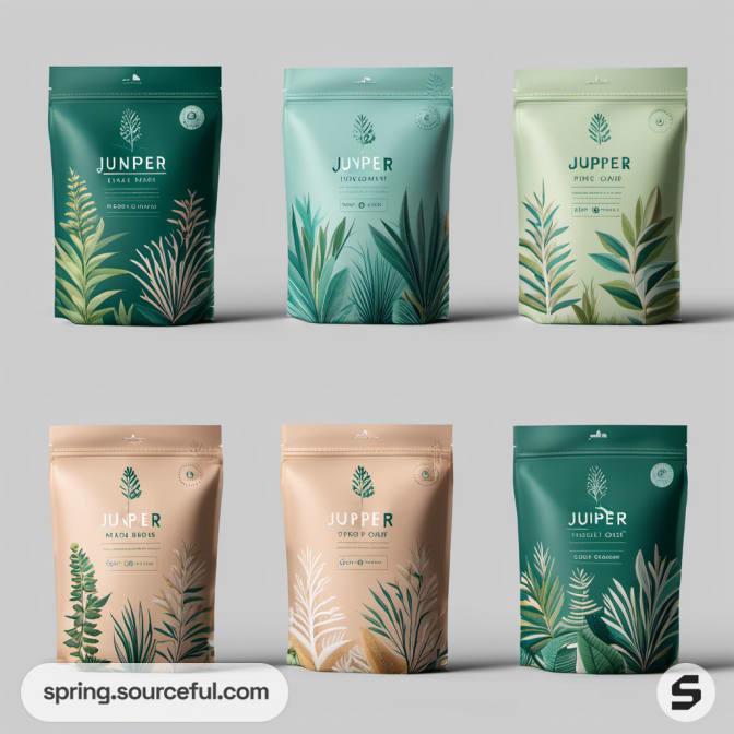 Resealable pouches with green botanical designs on a gray background.