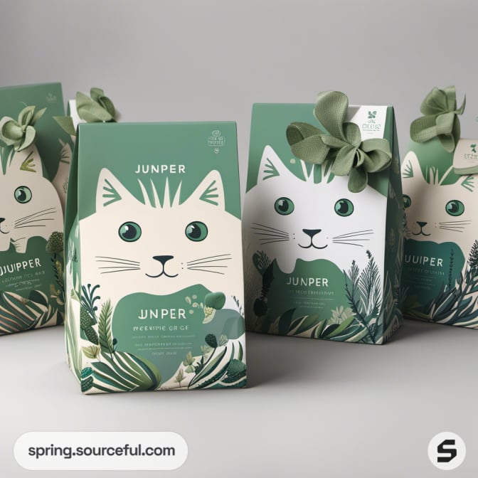 Cat-themed packaging with playful illustrations and green accents.