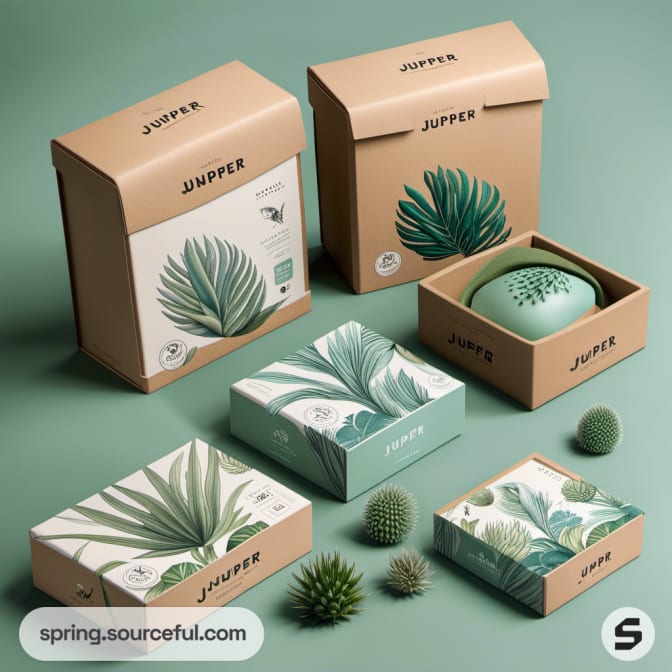 Boxes with green leafy designs and decorative packaging.