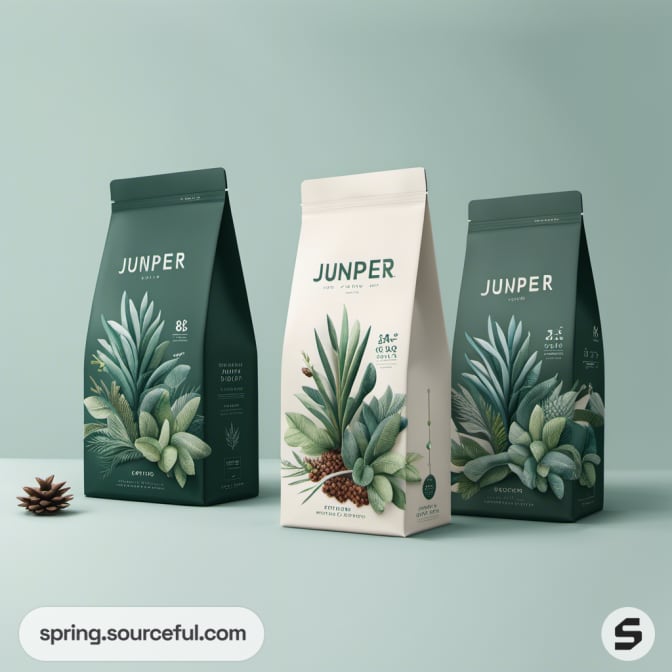 Standing pouches featuring botanical artwork on a green background.