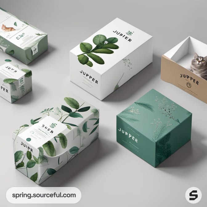 Gift boxes with elegant botanical patterns in muted colors.