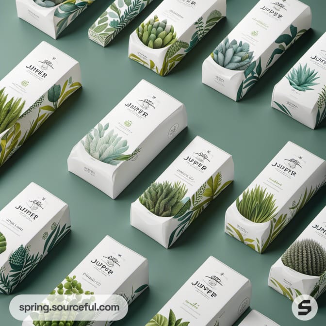 Rectangular boxes with detailed leaf illustrations on a green background.